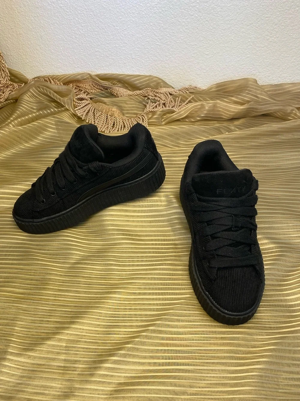 PUMA FENTY Black Corduroy Platform Lace-Up Sneakers, size 8.5